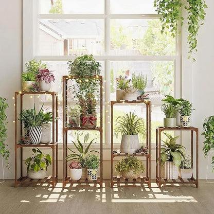Bamworld Plant Stands Indoor 4 Sets Plant Shelves Outdoor Wooden Plant Holder for Multiple Plants Flower Stands Window