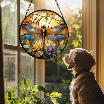 Stained Glass Window Hanging - Orange Blue Dragonfly Flower Suncatcher for Doors Window Home Sun Catchers Decor Christmas Mother's Day Birthday Outdoor Gifts for Women Men Mom Nana 7.8 in