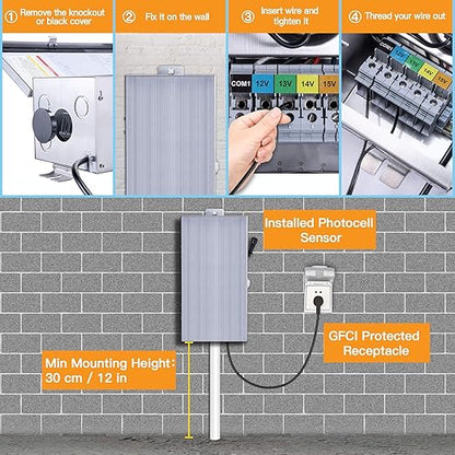 Gardenreet 150W Low Voltage Landscape Lights Transformer - ETL Listed IP65 Multi-Tap (120V AC to 12V-13V-14V-15V AC) with Mechanical Timer, Stainless Steel Shield for Outdoor Spotlight, Pathway Light