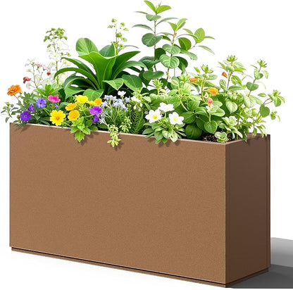 Rectangle Planter for Indoor & Outdoor, Tall and Long Planter Boxes with Drainage Holes, Mental Planter Box All-Weather Use for Plants, Flowers, 32" L x 10" W x 16.3" H, Brown