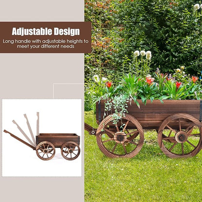 Tangkula Wooden Wagon Planter Box, Decorative Garden Planter w/Wheels, Handle, Drain Hole, Rustic Wooden Flower Cart for Indoor & Outdoor Decor for Patio, Garden, Balcony (29.5" L x 17" W x 21" H)