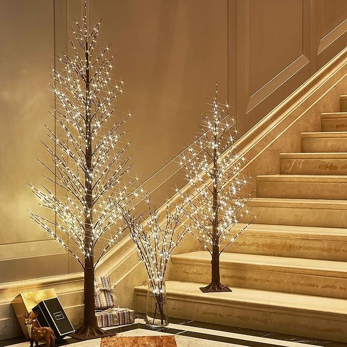 Hairui Lighted Brown Alpine Tree with 450L Warm White Fairy Lights 4FT, Brown Twig Tree with Lights for Indoor Outdoor Home Party Halloween Christmas Decoration