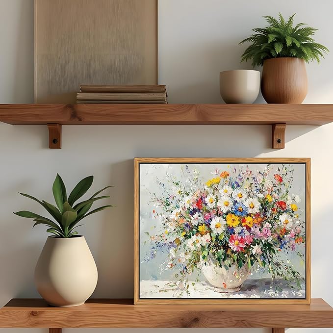 Floating Frame Canvas Wall Art, Vintage Watercolor Floral Pictures Wall Decor, Country Farmhouse Colorful Wildflower Poster Prints for Living Room Bathroom Dining Room Decor 8x10 inch