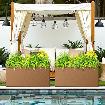 Rectangle Planter for Indoor & Outdoor, Tall and Long Planter Boxes with Drainage Holes, Mental Planter Box All-Weather Use for Plants, Flowers, 32" L x 10" W x 16.3" H, Brown