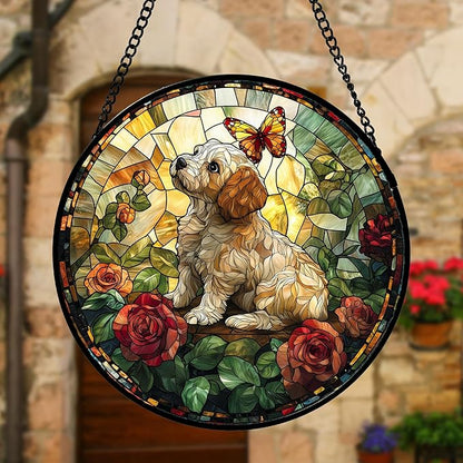 Stained Glass Window Hanging, Cute Dog and Flowers Suncatcher for Doors Home Butterfly Sun Catchers Decoration and Christmas, Mother's Day Birthday Gifts for Women, Men, and Mom 11.8x11.8 in