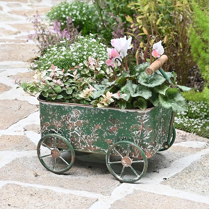 Flower Cart with Wooden Handles, Metal Wagon Planters for Outdoor Plants, Garden Planter with Wagon Wheels, Decorative Wheelbarrow, Plant Cart for Patio Garden Balcony (Green)