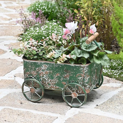 Flower Cart with Wooden Handles, Metal Wagon Planters for Outdoor Plants, Garden Planter with Wagon Wheels, Decorative Wheelbarrow, Plant Cart for Patio Garden Balcony (Green)