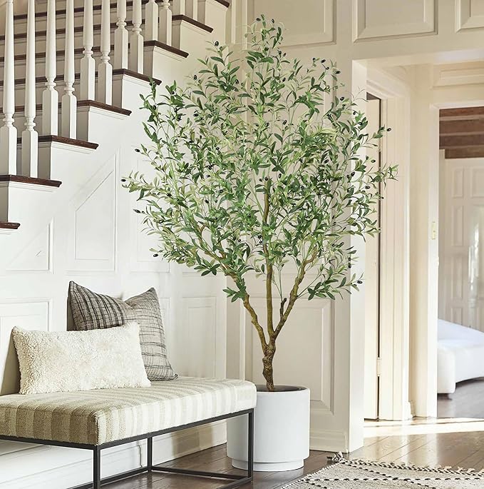 Artificial Olive Tree 7FT with 1476 Leaves Realistic Tall Large Faux Silk Deluxe Plant 84 Inch Black Pot for Indoor Home Office Porch Mall School Hotel Modern Decor Housewarming Gift