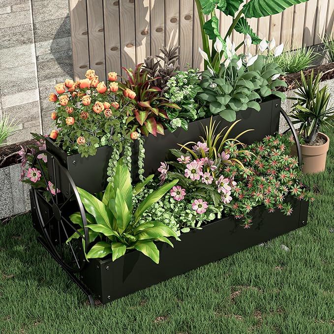 Metal Wagon Planter Box, 3-Tier Garden Planter with Wagon Wheels, Decorative Outdoor Planters for Flowers Herbs Vegetables, Flower Cart Small Raised Garden Bed for Patio, Balcony (Black)