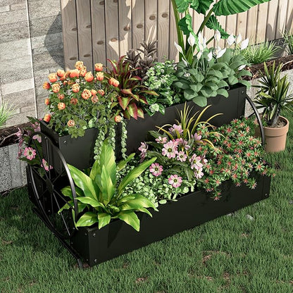 Metal Wagon Planter Box, 3-Tier Garden Planter with Wagon Wheels, Decorative Outdoor Planters for Flowers Herbs Vegetables, Flower Cart Small Raised Garden Bed for Patio, Balcony (Black)