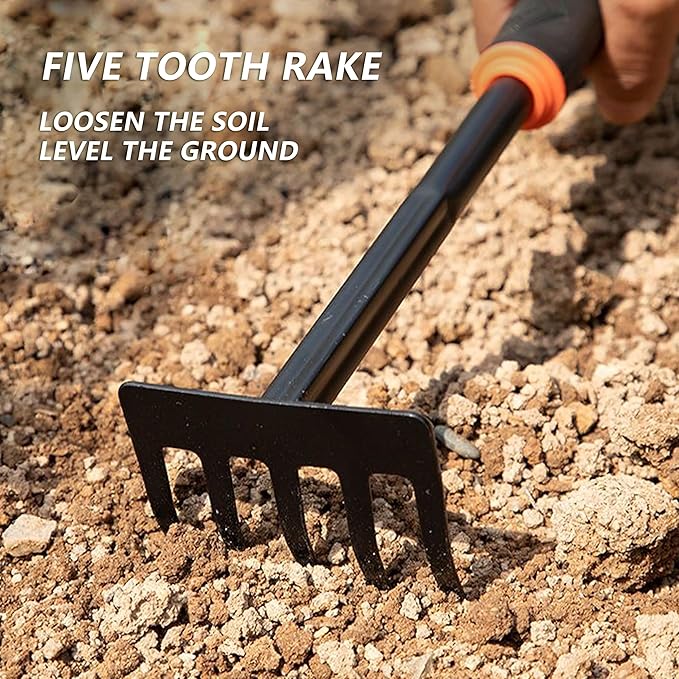 Arinasun Garden Tool Set, 4 Pieces， Including 2 Shovels,1 Rake, 1 Cultivator, Rust-Resistant lron Tools, Rubber Grip Handles