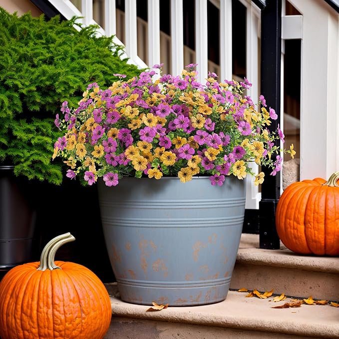 Artificial Fake Mums Flowers for Outdoor Fall Decor, 12 Bundles Faux Silk Plants Daisy for Planter Pot Colorful UV Resistant Look Real for Front Door Porch Patio Outside Yard(Purple Yellow)