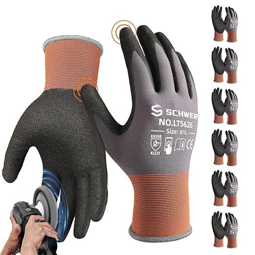 Schwer 6 Pairs Safety Work Gloves Sandy Nitrile Coated LT5626, Max Abrasion Resistant Heavy Duty Working Gloves with Grip for Men Women, Touch-Screen, for General Use, Mechanic, Construction, L