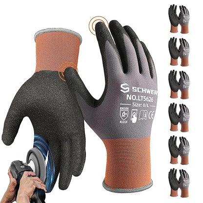 Schwer 6 Pairs Safety Work Gloves Sandy Nitrile Coated LT5626, Max Abrasion Resistant Heavy Duty Working Gloves with Grip for Men Women, Touch-Screen, for General Use, Mechanic, Construction, L