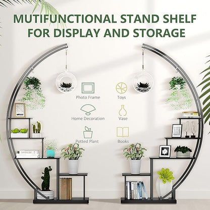 5 Tier Metal Plant Stand Indoor, 67.25“ Tall Half Moon Shape Multiple Stand Holder Shelf Planter Display, Hanging Shelf Flower Stand Ladder for Patio Garden Living Room, Black Set of 2