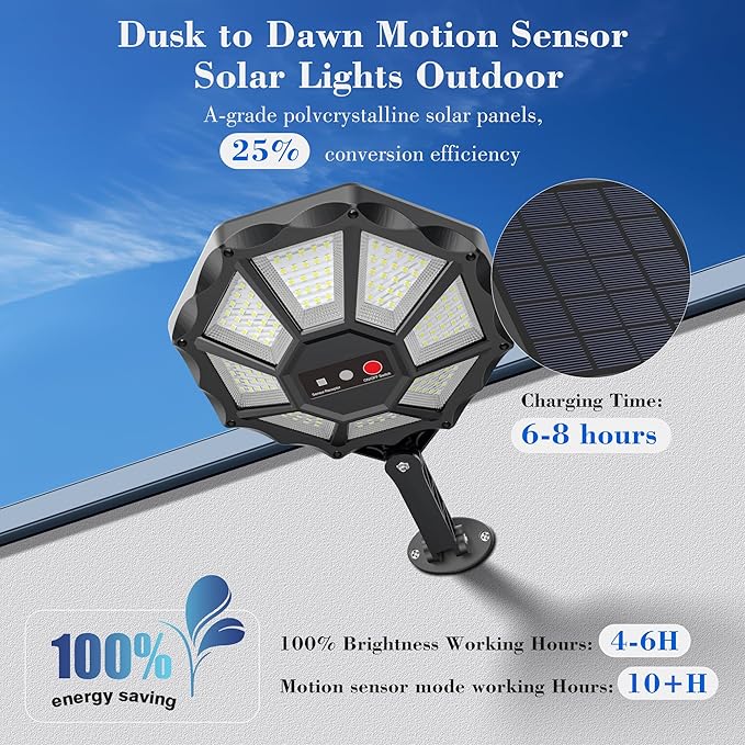 Solar Lights Outdoor - 6500K Solar Street Lights Outdoor, Motion Sensor&Dusk to Dawn Flood Light, 168LED 8 Sides 360°Wide Angle Security Flood Light, IP66 Waterproof with Remote, for Yard/Pool(2 Pack)