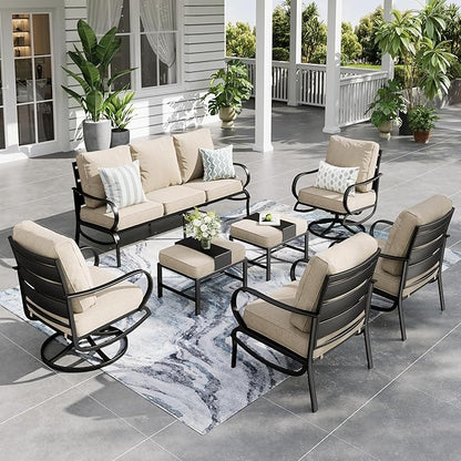 Sophia & William Patio Furniture Sets for 7 Outdoor Conversation Set 7 Pcs with 2 x Swivel Chairs, 2 x Armrest Sofa Chairs, 1 x 3-Seat Sofa, 2 x Ottomans for Coffee Garden Backyard Poolside Beige