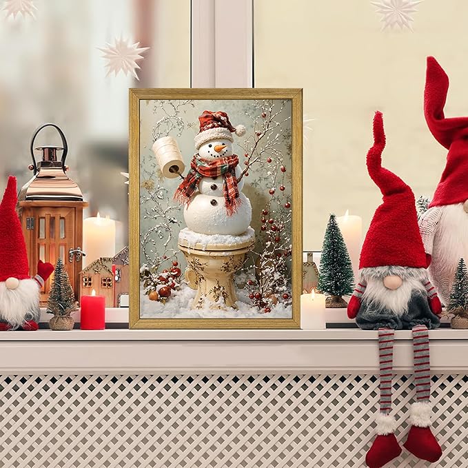 Vintage Snowman Christmas Wall Art, Cute Snowman Canvas Prints Poster, Winter Farmhouse Painting Artwork Picture, Rustic Holiday Christmas Wall Decor for Living Room Bathroom 8x10 Inch Framed