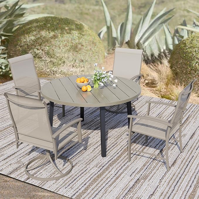 5 Piece Outdoor Dining Set, 42" Ivory Beige Round Outdoor Dining Table with 2 Ivory Beige Swivel Outdoor Dining Chairs and 2 Fixed Patio Table and Chair Set of 4 for Lawn, Garden, or Porch