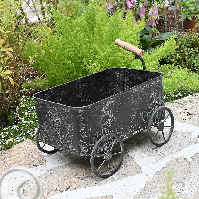 Flower Cart with Wooden Handles, Metal Wagon Planters for Outdoor Plants, Garden Planter with Wagon Wheels, Decorative Wheelbarrow, Plant Cart for Patio Garden Balcony (Black)