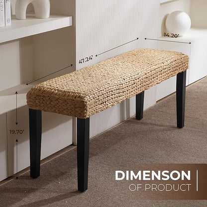 Solid Wood Acacia Indoor Bench with Natural Woven Seat, Wicker Bench Bed Boho, Wood Bench for Bedroom End of Bed or Benches Entryway for Living Room (Black Leg, Water Hyacinth)