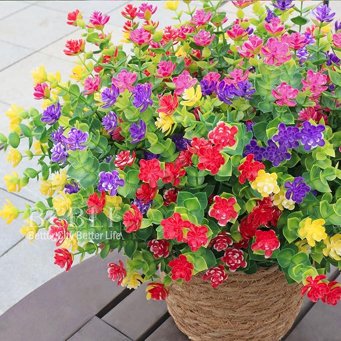 12 Bundles Artificial Fake Plants Flowers, Realistic Flowers Not-Fading and UV Resistant Artificial Flowers for Outdoor Indoor Décor Porch Patio Garden and Home Decoration