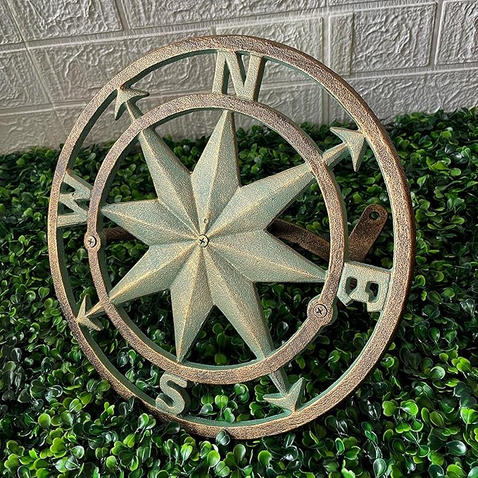 Verdigris Green Finish Cast Iron Nautical Compass Rose Wall Mounted Decorative Hanging Garden Hose Hanger - Hose Holder Organizer for Outdoor Spaces - 12 Inches in Diameter