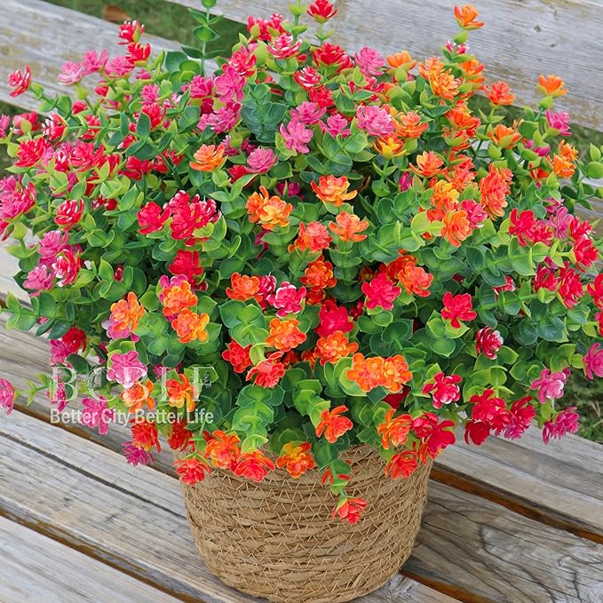 UV Resistant Artificial Flowers for Indoor and Outdoor Use, 12 Bundles Not-Fading Faux Plants for Porch, Patio, Garden, and Home Decoration - Orange Pink Red