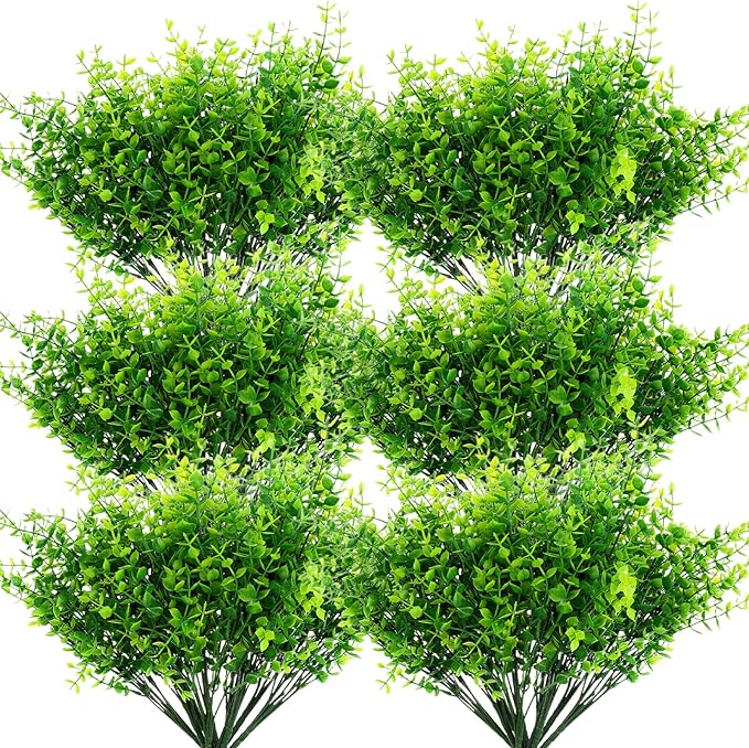 Grevosea 24 Bundles Artificial Greenery Plants, Outdoor UV Resistant Fake Plants Stems Faux Shrubs Boxwood Plant Faux Plastic Greenery for Farmhouse Garden Wedding Indoor Outdoor Decoration