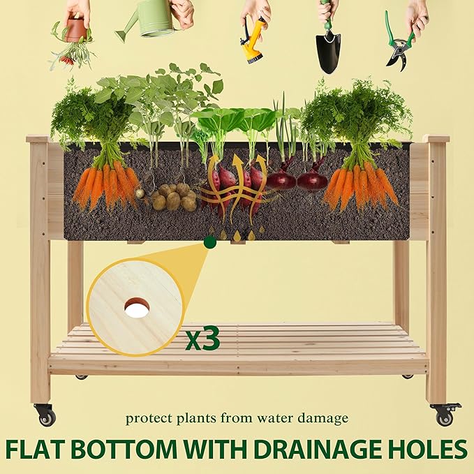 48x24x33in Raised Garden Bed Featuring Legs, Outdoor Elevated Wood Planted Box Equipped with Wheels & Shelf for Vegetable, Flower, Backyard and Patio, Natural