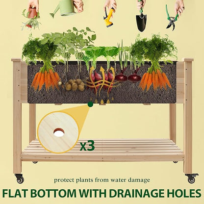 48x24x33in Raised Garden Bed Featuring Legs, Outdoor Elevated Wood Planted Box Equipped with Wheels & Shelf for Vegetable, Flower, Backyard and Patio, Natural