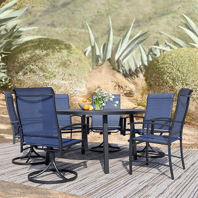 9 Piece Outdoor Dining Set, 60" Black Round Outdoor Dining Table with 4 Blue Swivel Outdoor Dining Chairs and 4 Fixed Patio Table and Chair Set of 8 for Lawn, Garden, or Porch