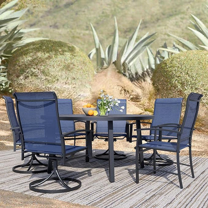 9 Piece Outdoor Dining Set, 60" Black Round Outdoor Dining Table with 4 Blue Swivel Outdoor Dining Chairs and 4 Fixed Patio Table and Chair Set of 8 for Lawn, Garden, or Porch