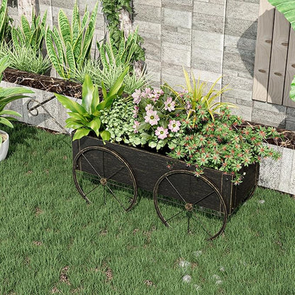 Small Raised Garden Bed Outdoor with Wagon Wheels, Metal Wagon Planter Box, Decorative Garden Planter for Flowers Herbs Vegetables, Flower Cart for Patio, Balcony (Retro Gold)
