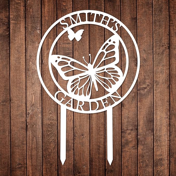 Custom Butterfly Metal Garden Sign with Stakes, Metal Yard Art, Personalized Butterfly Home Garden Decor, Garden Family Name Sign for Outdoor New Home Gift for Outside, Patio Decor, Housewarming Gift