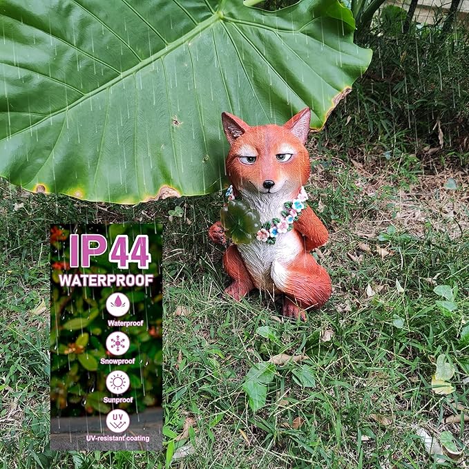 Solar Red Fox Garden Statue 12 Inch, Whimsical Woodland Animal Resin Garden Decor w/ Four-leaf Clover Light, Collectible LED Guardian Fox Outdoor Yard Ornaments for Spring St.Pactrick's Mom Gifts