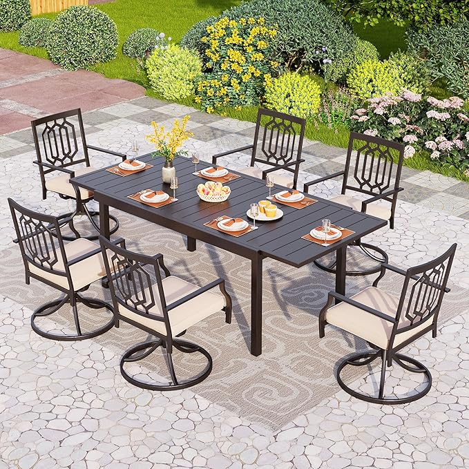 PHI VILLA 7 Piece Patio Dining Set,1 Extendable Dining Table and 6 Swivel Patio Dining Chairs Support 300 lbs for Outdoor Backyard Bistro Furniture Set with Cushion