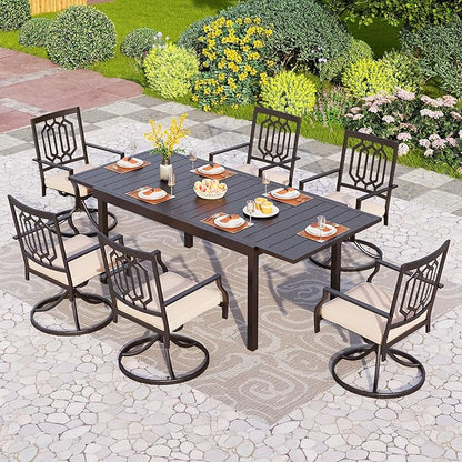 PHI VILLA 7 Piece Patio Dining Set,1 Extendable Dining Table and 6 Swivel Patio Dining Chairs Support 300 lbs for Outdoor Backyard Bistro Furniture Set with Cushion