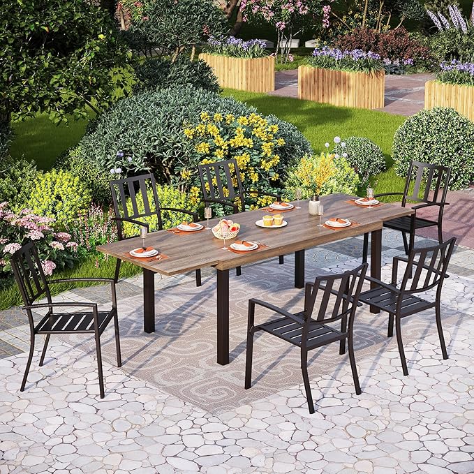 PHI VILLA 7 Piece Outdoor Dining Set for 6, Expandable Wood-Like Metal Dining Table & Wrought Iron Stackable Chairs, Large Dining Furniture for Patio, Deck, Backyard, Porch
