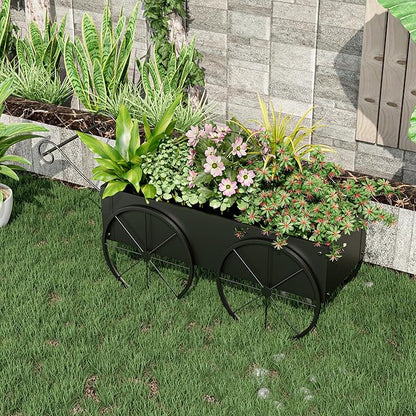 Small Raised Garden Bed Outdoor with Wagon Wheels, Metal Wagon Planter Box, Decorative Garden Planter for Flowers Herbs Vegetables, Flower Cart for Patio, Balcony (Black)