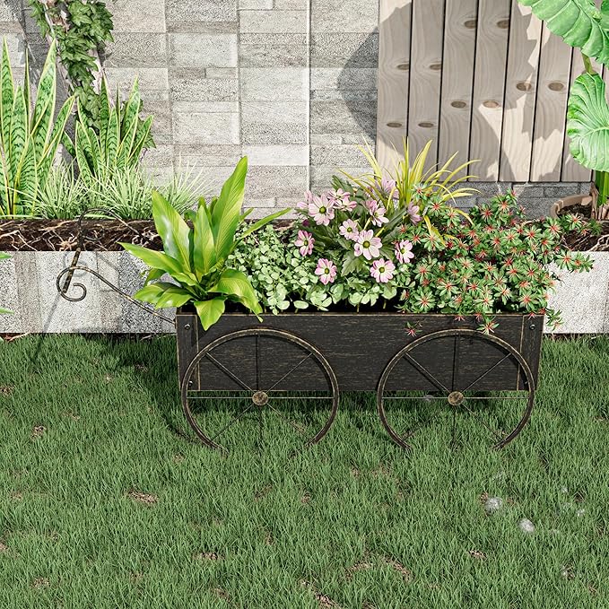 Small Raised Garden Bed Outdoor with Wagon Wheels, Metal Wagon Planter Box, Decorative Garden Planter for Flowers Herbs Vegetables, Flower Cart for Patio, Balcony (Retro Gold)
