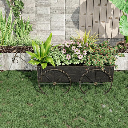 Small Raised Garden Bed Outdoor with Wagon Wheels, Metal Wagon Planter Box, Decorative Garden Planter for Flowers Herbs Vegetables, Flower Cart for Patio, Balcony (Retro Gold)