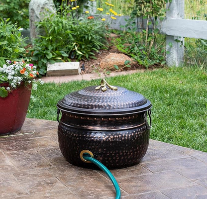 BIRDROCK HOME Water Hose Holder - Decorative Metal Pot, Indoor or Outdoor, Garden Storage Organizer, Patio Portable Bucket - Distressed Bronze, Holds up to 200ft Hoses, Large with Lid