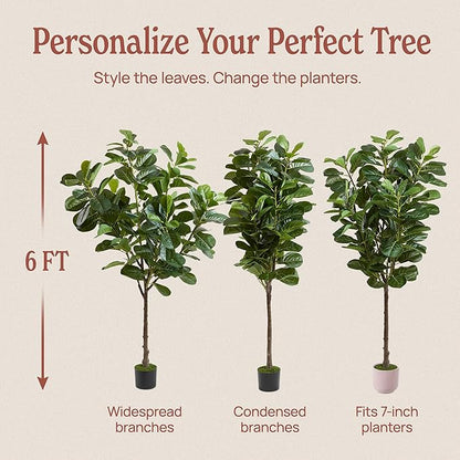 Artificial Fiddle Leaf Fig Tree | 6ft Realistic Fake Tall Plant | Odor-Free Floor Plant Fig Tree w/Black Pot, Faux Moss, Rechargeable LED Spotlight, Remote, USB Cable; Large Fake Plants/Big Plants