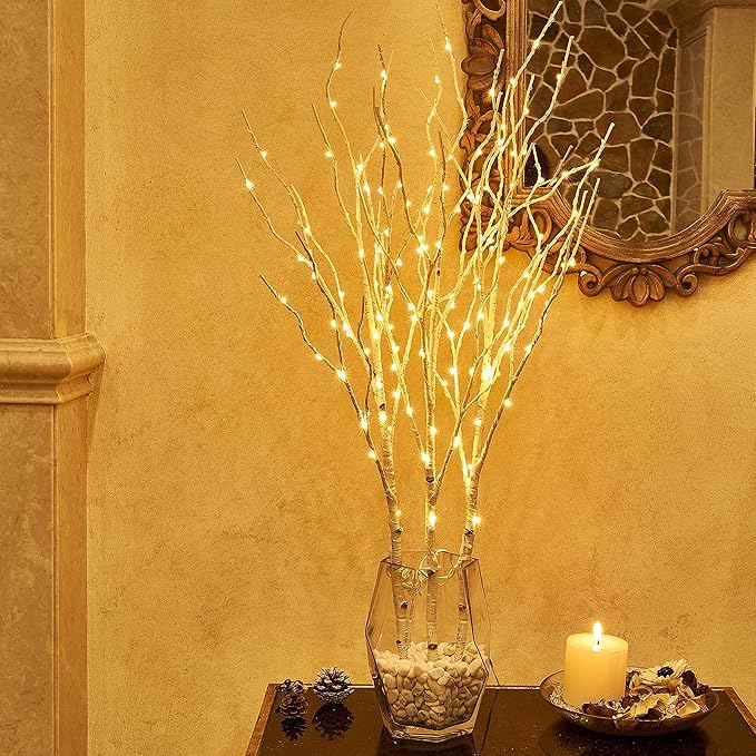 Hairui Lighted Birch Branches Plug in with Timer 30IN 150 LED Fairy Lights, White Willow Branch Lights for Christmas Fireplace Room Vase Decoration Indoor Outdoor Use (Vase Excluded)