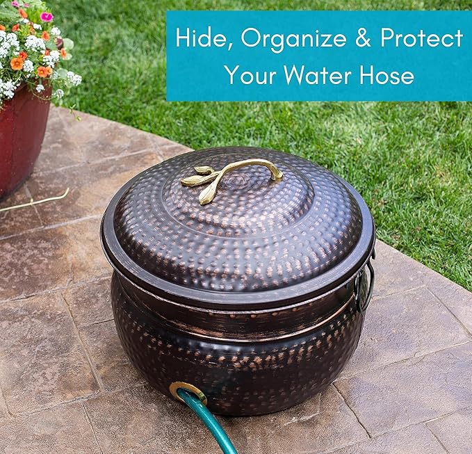 BIRDROCK HOME Water Hose Holder - Decorative Metal Pot, Indoor or Outdoor, Garden Storage Organizer, Patio Portable Bucket - Distressed Bronze, Holds up to 200ft Hoses, Large with Lid