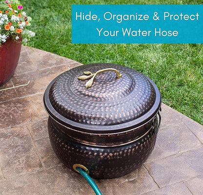 BIRDROCK HOME Water Hose Holder - Decorative Metal Pot, Indoor or Outdoor, Garden Storage Organizer, Patio Portable Bucket - Distressed Bronze, Holds up to 200ft Hoses, Large with Lid