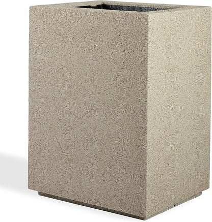 PolyStone Cozumel Tall Modern Outdoor/Indoor Column Planter, 23" L x 18" W x 30" H, Lightweight, Heavy Duty, Weather Resistant, Polymer Finish, Commercial Grade and Residentia (Sandstone Granite)