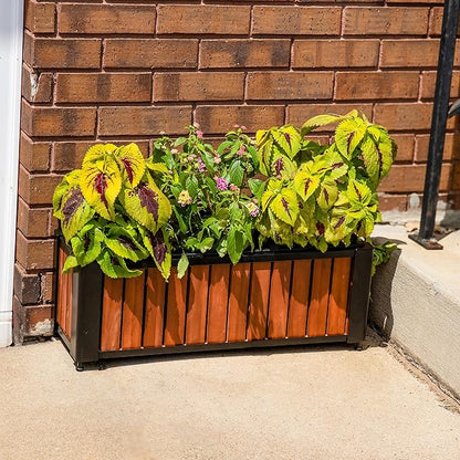 Sunnydaze Slatted Rectangular Wood Planter Box with Powder-Coated Steel Frame - 24" Acacia Wood Planter with Removable Liner - 3.7 Gal Capacity