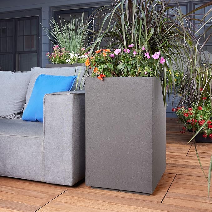 PolyStone Cozumel Tall Modern Outdoor/Indoor Column Planter, 18" L x 23" W x 30" H, Lightweight, Heavy Duty, Weather Resistant, Polymer Finish, Commercial Grade and Residentia (Slate Gray)